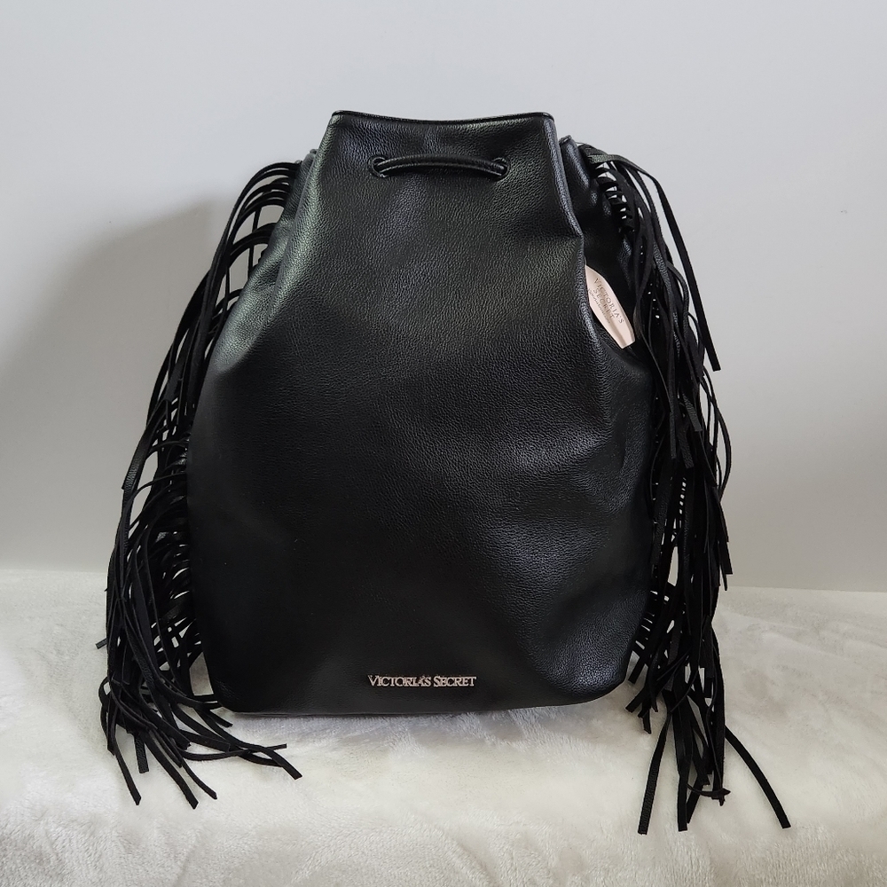 Victoria's Secret VS Black Faux Leather Western Boho Fringe Backpack NWT - Picture 4 of 16